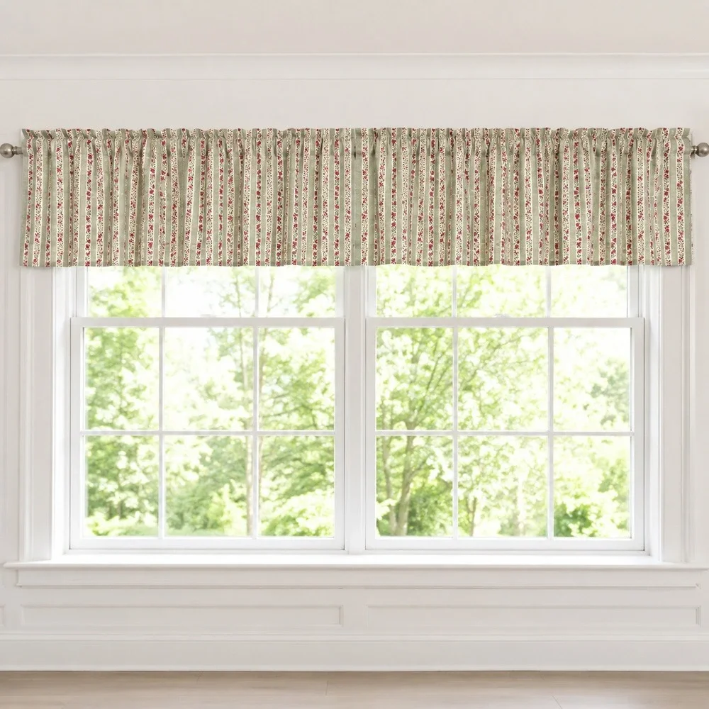 Pair Vintage Laura Ashley Cottage Rose Floral Stripe Valance Sage Green 82